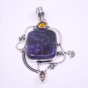 Handmade Purple Charoite Pendant with Citrine and Smoky Quartz in Sterling
